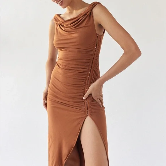 Urban Outfitters | Dresses | Urban Outfitters Giselle Ruched Side Slit Midi  Dress Brown Burnt Orange | Poshmark